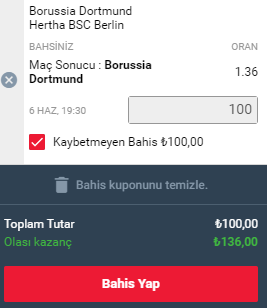 100 TL Kaybetmeyen Bahis